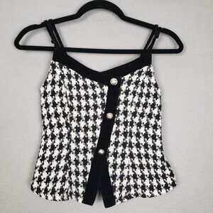 Y2K‎ Houndstooth Print Asymmetrical Button Tank Black White Indie Sleeze Size S